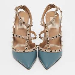 Pre Owned Valentino Beige/Blue Leather Rockstud Ankle Strap Pumps Size 40