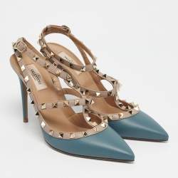 Pre Owned Valentino Beige/Blue Leather Rockstud Ankle Strap Pumps Size 40