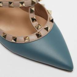 Pre Owned Valentino Beige/Blue Leather Rockstud Ankle Strap Pumps Size 40