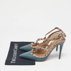 Pre Owned Valentino Beige/Blue Leather Rockstud Ankle Strap Pumps Size 40
