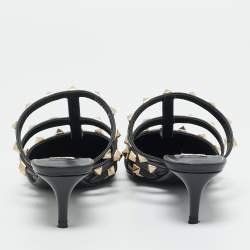 Pre Owned Valentino White/Black Leather Rockstud Strappy Flat Mules Size 35