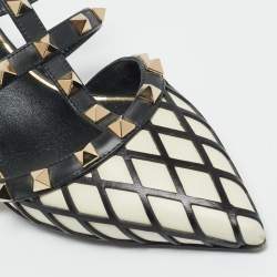 Pre Owned Valentino White/Black Leather Rockstud Strappy Flat Mules Size 35
