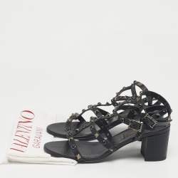 Pre Owned Valentino Black Leather Rockstud Ankle Strap Sandals Size 36