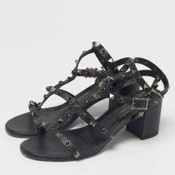 Pre Owned Valentino Black Leather Rockstud Ankle Strap Sandals Size 36