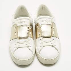 Pre Owned Valentino White/Gold Leather Rockstud Low Top Sneakers Size 38