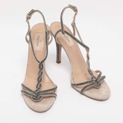 Pre Owned Valentino Beige Suede T-Strap Sandals Size 38.5