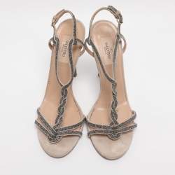 Pre Owned Valentino Beige Suede T-Strap Sandals Size 38.5
