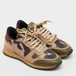 Pre Owned Valentino Multicolor Suede, Canvas and Leather Camouflage Rockrunner Sneakers Size 38
