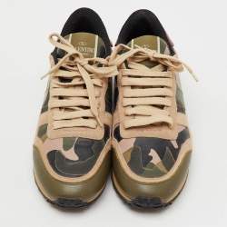 Pre Owned Valentino Multicolor Suede, Canvas and Leather Camouflage Rockrunner Sneakers Size 38