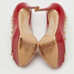Pre Owned Valentino Red/Dusty Pink Patent Leather Rockstud Peep Toe Platform Pumps Size 37.5