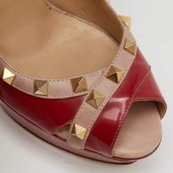 Pre Owned Valentino Red/Dusty Pink Patent Leather Rockstud Peep Toe Platform Pumps Size 37.5