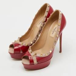 Pre Owned Valentino Red/Dusty Pink Patent Leather Rockstud Peep Toe Platform Pumps Size 37.5