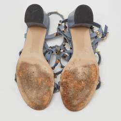 Pre Owned Valentino Light Blue Leather Rockstud Ankle Strap Sandals Size 38.5