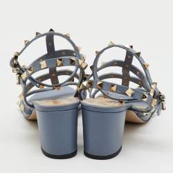 Pre Owned Valentino Light Blue Leather Rockstud Ankle Strap Sandals Size 38.5