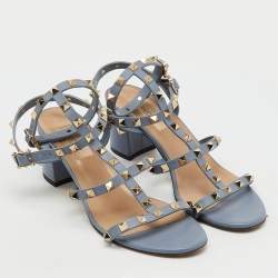 Pre Owned Valentino Light Blue Leather Rockstud Ankle Strap Sandals Size 38.5