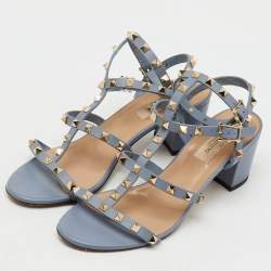 Pre Owned Valentino Light Blue Leather Rockstud Ankle Strap Sandals Size 38.5
