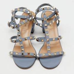 Pre Owned Valentino Light Blue Leather Rockstud Ankle Strap Sandals Size 38.5