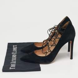 Pre Owned Valentino Black Leather and Suede Rockstud Lace Up Pumps Size 40