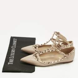 Pre Owned Valentino Beige Leather Rockstud Ballet Flats Size 38