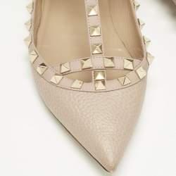 Pre Owned Valentino Beige Leather Rockstud Ballet Flats Size 38