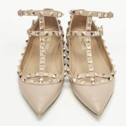 Pre Owned Valentino Beige Leather Rockstud Ballet Flats Size 38
