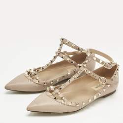 Pre Owned Valentino Beige Leather Rockstud Ballet Flats Size 38