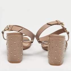 Pre Owned Valentino Beige Leather Rockstud Embellish Ankle Strap Sandals Size 38