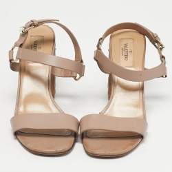 Pre Owned Valentino Beige Leather Rockstud Embellish Ankle Strap Sandals Size 38