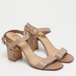 Pre Owned Valentino Beige Leather Rockstud Embellish Ankle Strap Sandals Size 38