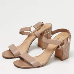 Pre Owned Valentino Beige Leather Rockstud Embellish Ankle Strap Sandals Size 38