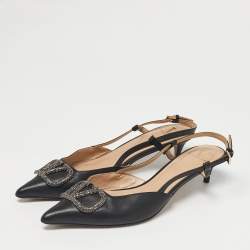 Pre Owned Valentino Black Leather VLogo Slingback Pumps Size 39