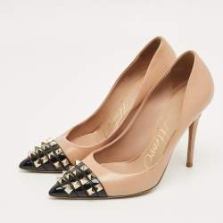 Pre Owned Valentino Beige/Black Leather and Patent Alcove Rockstud Pointed Toe Pumps Size 37