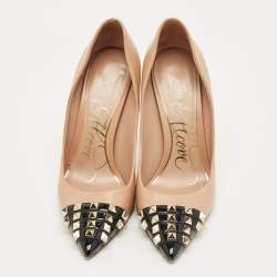 Pre Owned Valentino Beige/Black Leather and Patent Alcove Rockstud Pointed Toe Pumps Size 37