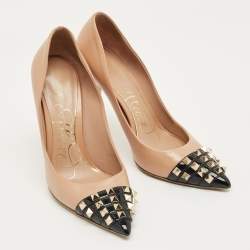 Pre Owned Valentino Beige/Black Leather and Patent Alcove Rockstud Pointed Toe Pumps Size 37