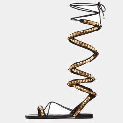Pre Owned Valentino Black Leather Rockstud Ankle Wrap Sandals Size 37