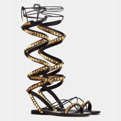 Pre Owned Valentino Black Leather Rockstud Ankle Wrap Sandals Size 37