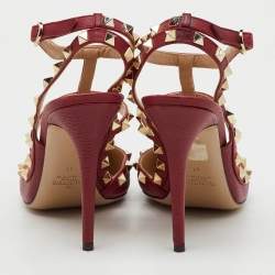 Pre Owned Valentino Dark Red Leather Rockstud Ankle Strap Pumps Size 41
