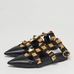 Pre Owned Valentino Black Leather Roman Stud Ankle Strap Ballet Flats Size 37