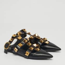 Pre Owned Valentino Black Leather Roman Stud Ankle Strap Ballet Flats Size 37