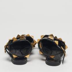 Pre Owned Valentino Black Leather Roman Stud Ankle Strap Ballet Flats Size 37