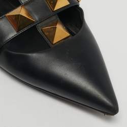 Pre Owned Valentino Black Leather Roman Stud Ankle Strap Ballet Flats Size 37