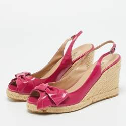 Pre Owned Valentino Purple Patent Leather Bow Espadrille Wedge Slingback Sandals Size 40