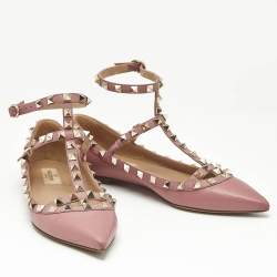 Pre Owned Valentino Pink Leather Rockstud Caged Ballet Flats Size 36
