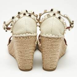 Pre Owned Valentino White/Cream Leather Rockstud Wedge Sandals Size 38