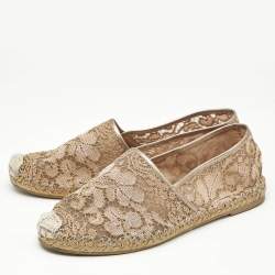 Pre Owned Valentino Beige/Gold Lace and Leather Espadrille Flats Size Size 39