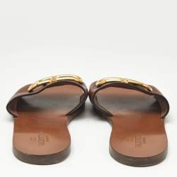 Pre Owned Valentino Brown Leather Escape VLogo Flat Slides Size 39