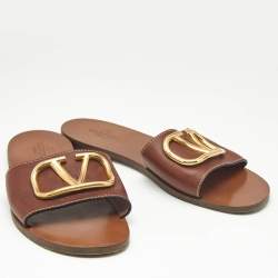 Pre Owned Valentino Brown Leather Escape VLogo Flat Slides Size 39