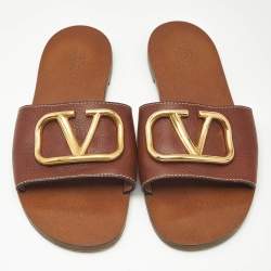 Pre Owned Valentino Brown Leather Escape VLogo Flat Slides Size 39