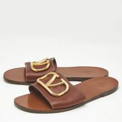 Pre Owned Valentino Brown Leather Escape VLogo Flat Slides Size 39
