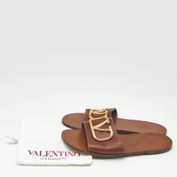 Pre Owned Valentino Brown Leather Escape VLogo Flat Slides Size 39